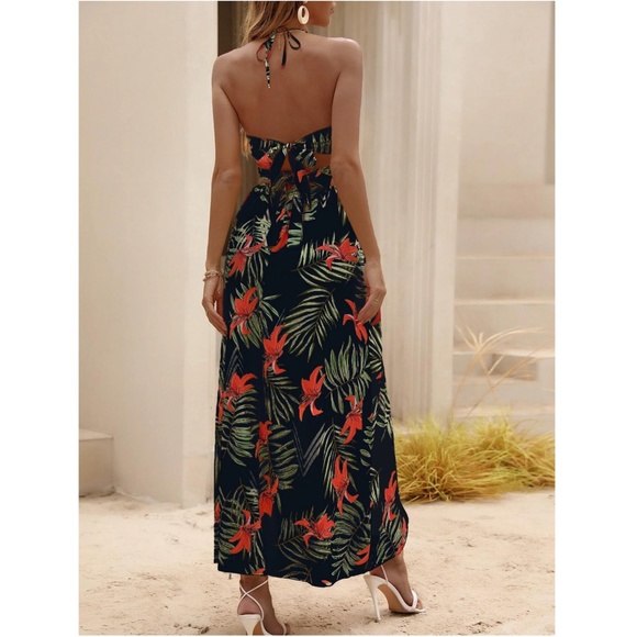 Black Boho Tropical Print Backless Maxi Dress V-Neck Floral Flared Red Green - Picture 8 of 10